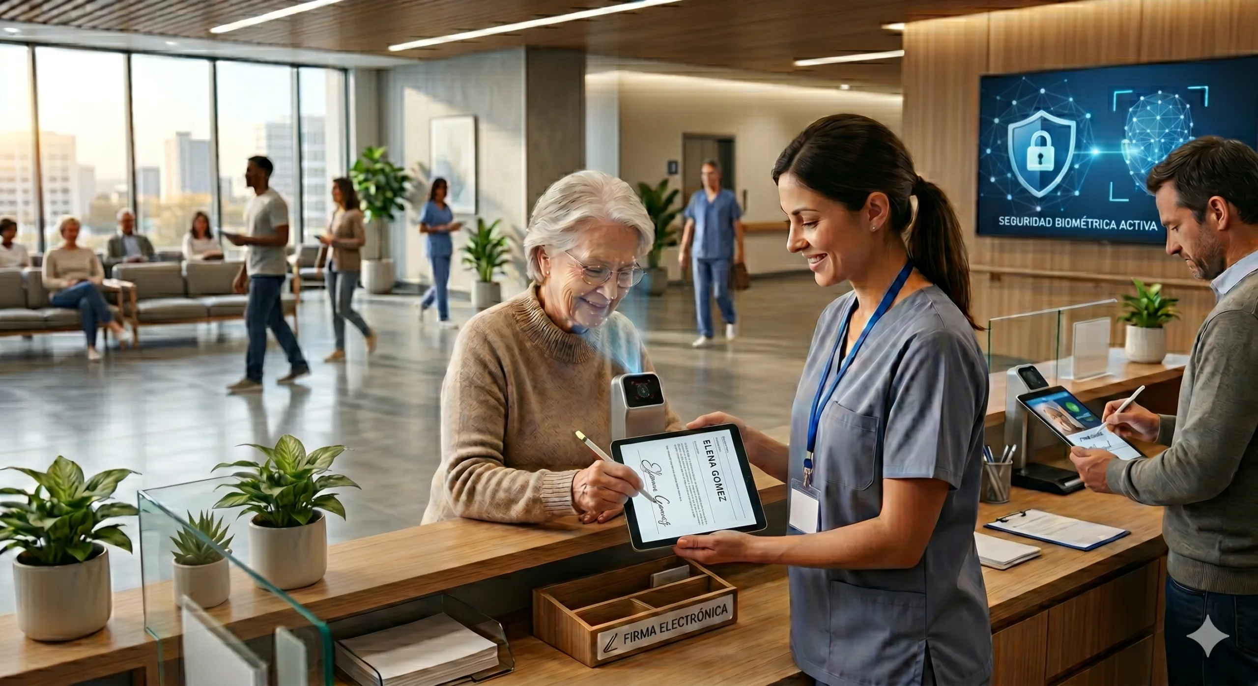 Firma electrónica en hospital - paciente firmando en tablet con verificación biométrica